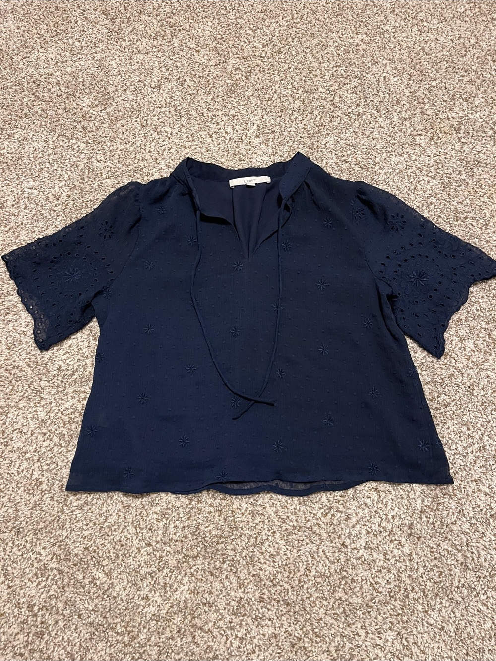LOFT Navy Eyelet Tie-Front Blouse